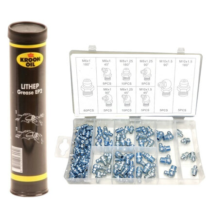 110 dlg Vetnippel set M6 M8 M10 vetnippels 45° haaks en recht met Lithep Grease EP2 vetpatroon 400gr