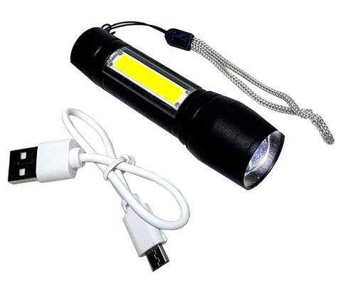 Mini Led zoom zaklamp met COB looplamp oplaadbaar ingebouwde lithium accu met micro usb laad kabel