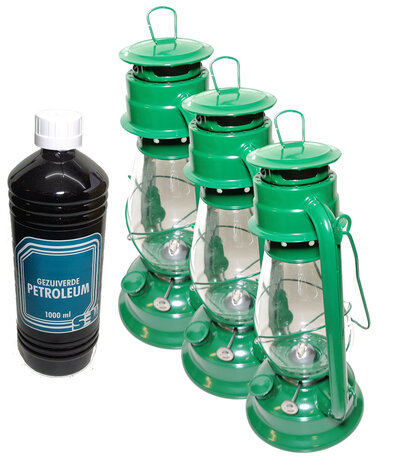 3x Stormlantaarn olielamp windlicht 30cm zwart, rood of groen +1 liter fles gezuiverde petroleum 